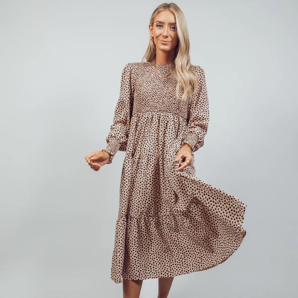 Neutral Polka Dot Tiered Long-Sleeve Midi Dress - Brand Unknown